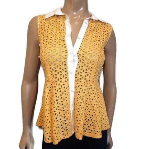 A.P Pearl Beaded Eyelet Peplum Collared Top Yellow White Sleeveless